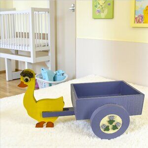HANDCRAFTED -- Wooden Duck w/Purple Cart, Tulip Detail on Wheels, Decor/Storage